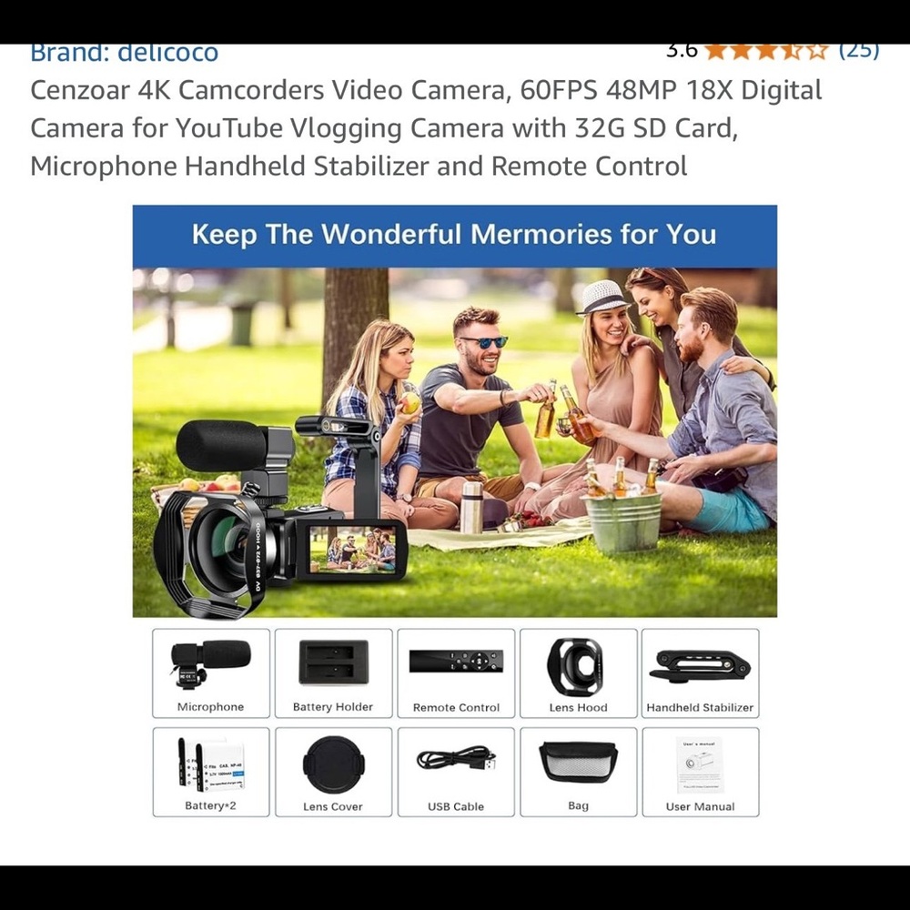 Cenzoar 4K Camcorders Video Camera, 60FPS 48MP 18X Digital Camera for YouTube Vl - Picture 6 of 11
